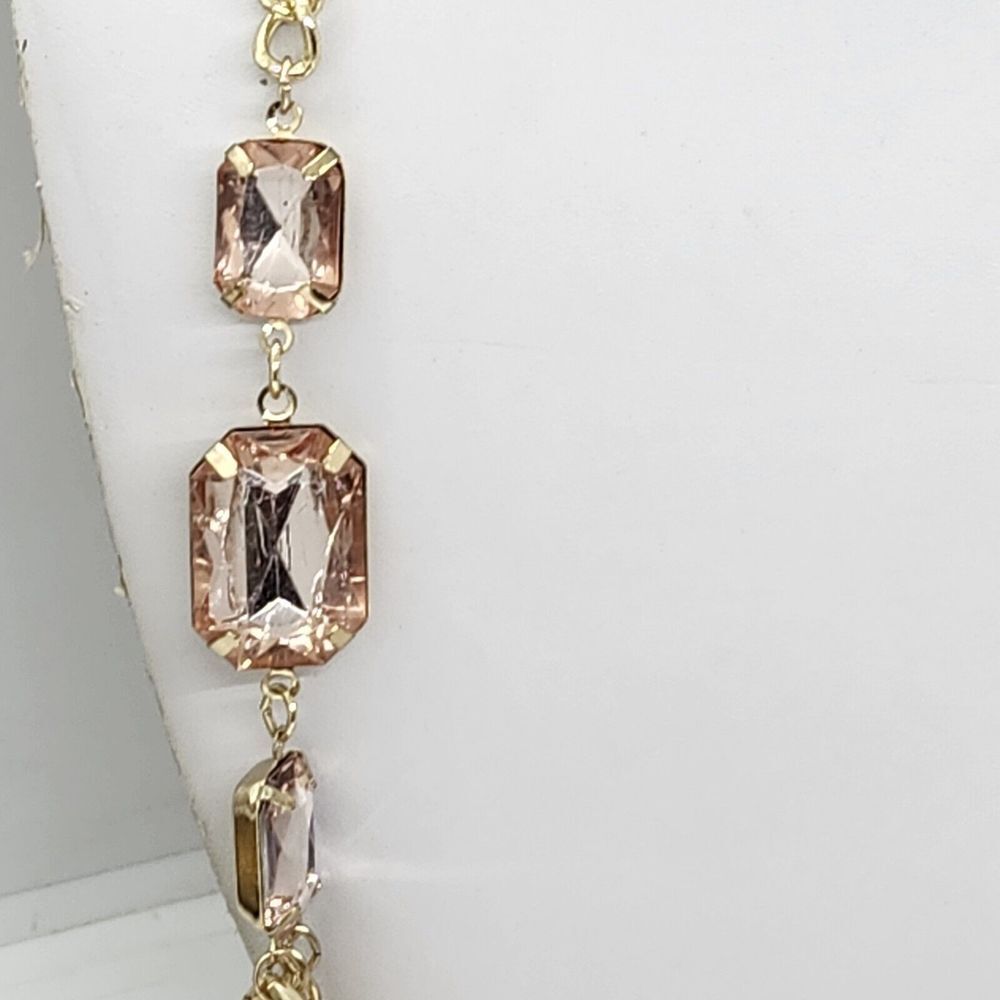 Gold Tone Layered Chain Necklace With Pink Rhinestones - Picture 5 of 7